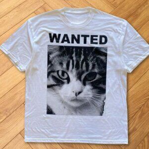 White Wanted Cat Poster Halftone Print Graphic Edgy Tee